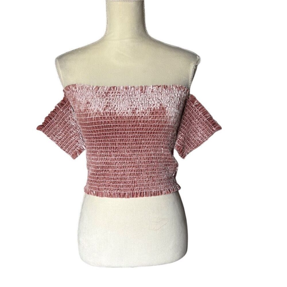 Tres Bien Women's Off-Shoulder Pink Velvet Smocked Crop Top Size M Whimsygoth